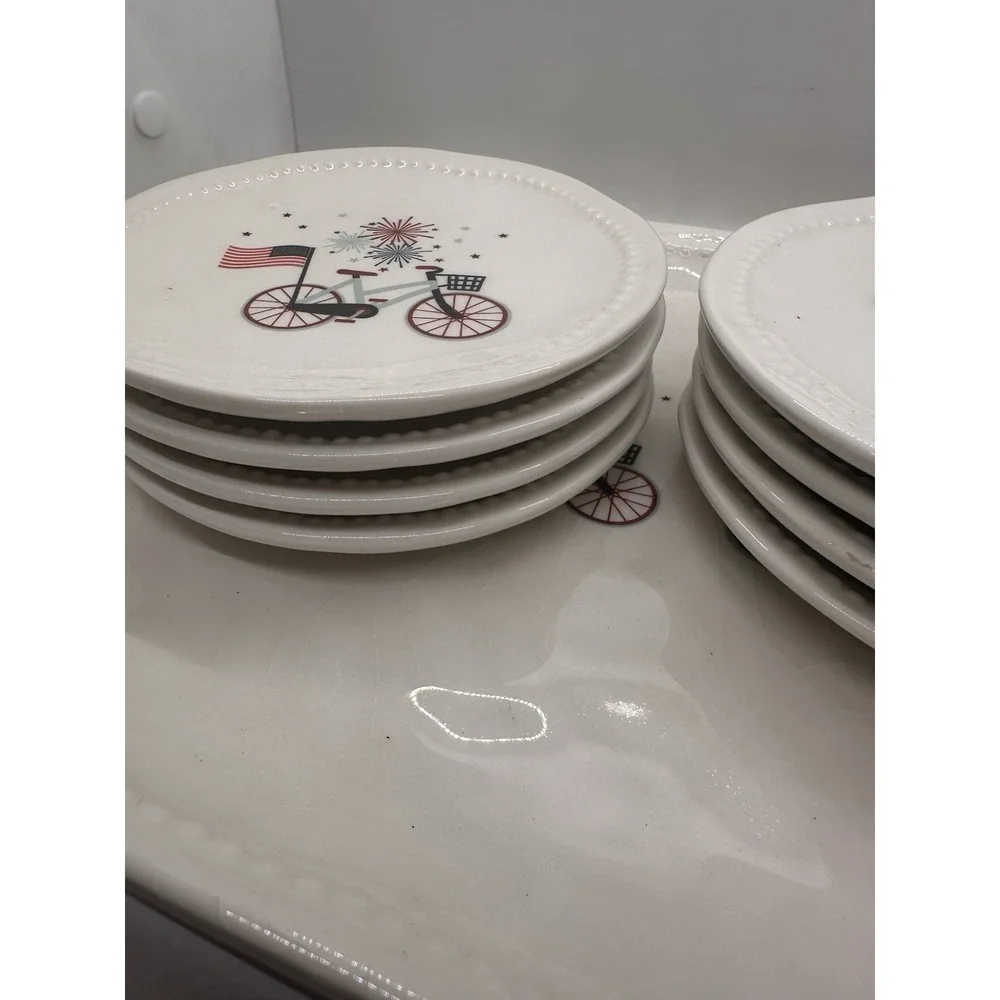 Envogue Home Patriotic Ceramic Bicycle Platter & 8 Appetizer Plates 9 Pc Set USA